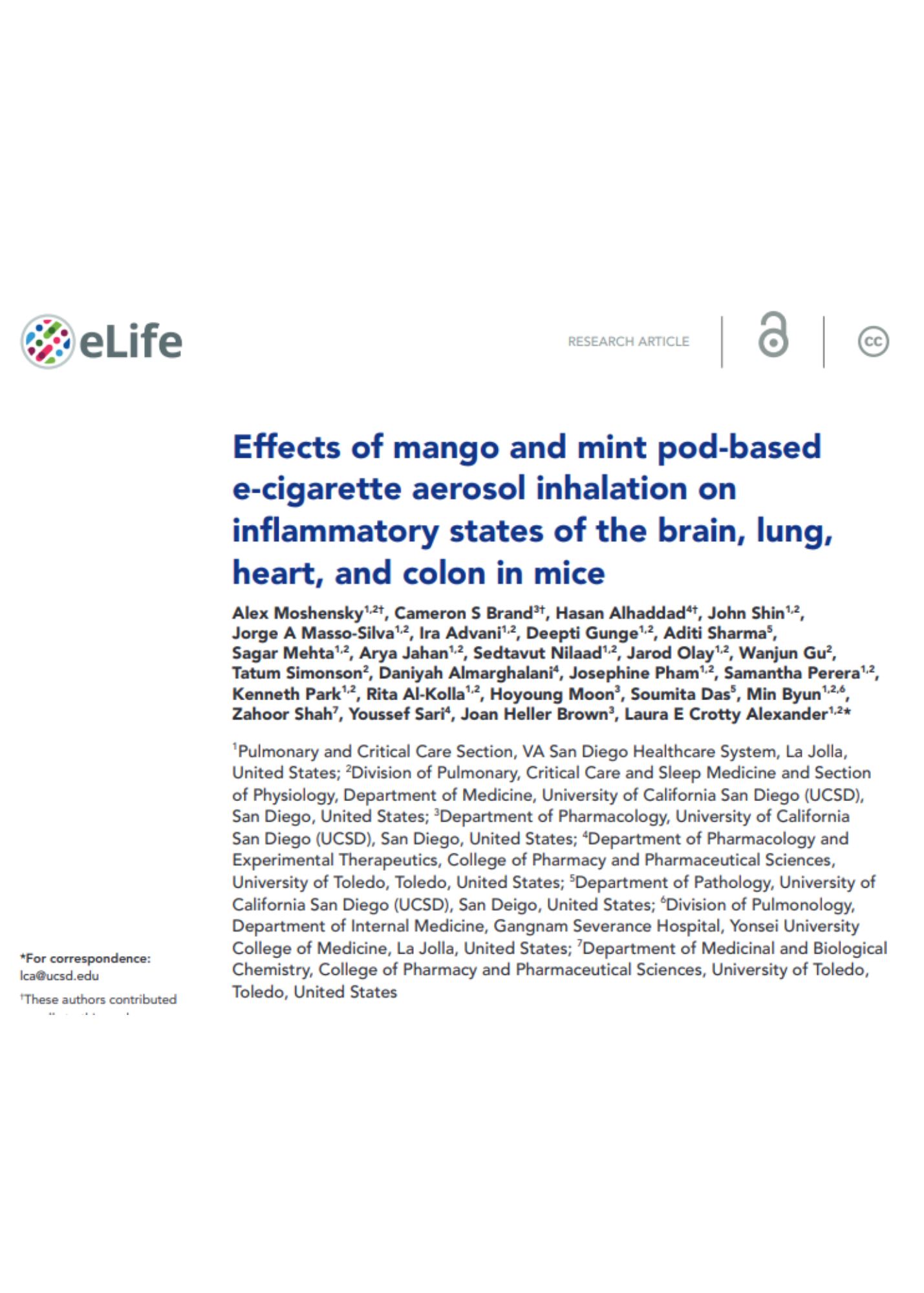 Estudo sobre os efeitos da inalação de aerossol de cigarro eletrônico em estado inflamatórios do cérebro, pulmão, coração e cólon  Publicado na Revista eLife em abril de 2022